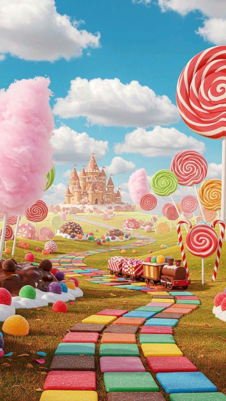 Candy land scene with cotton candy and lollipops